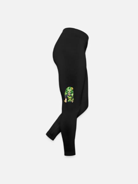 Sugar Skull Girl with Green Hair & Single Roses - Women’s Jersey Leggings - black - Right