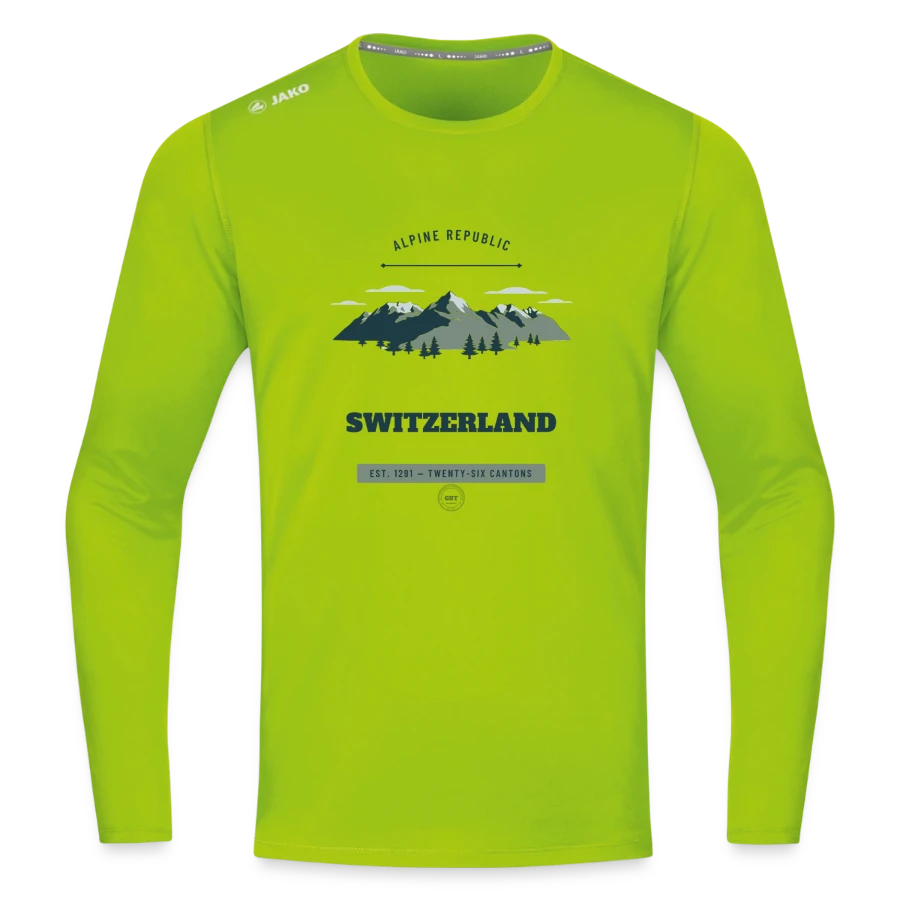 Switzerland badge on a jako long sleeve run 2.0, neon green