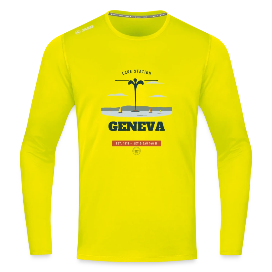Geneva badge on a jako long sleeve run 2.0, neon yellow