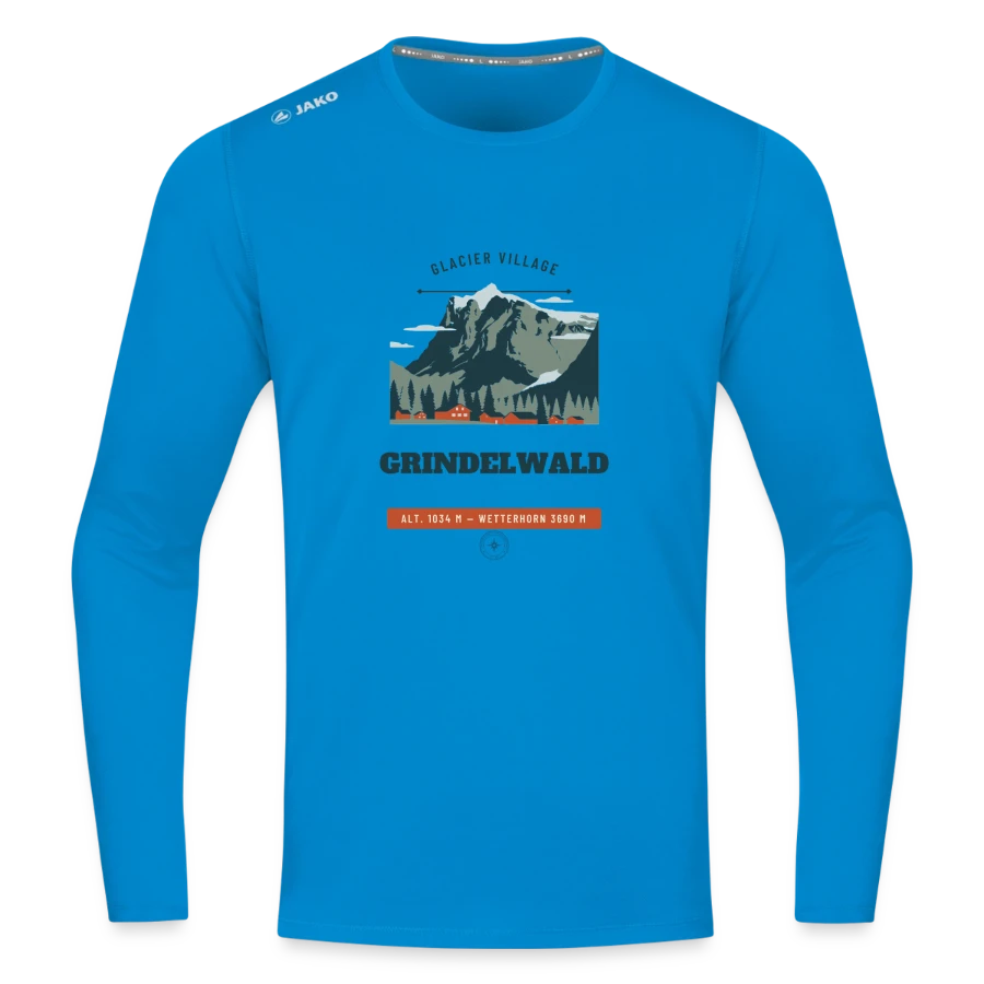 Grindelwald badge on a jako long sleeve run 2.0, sapphire blue, front