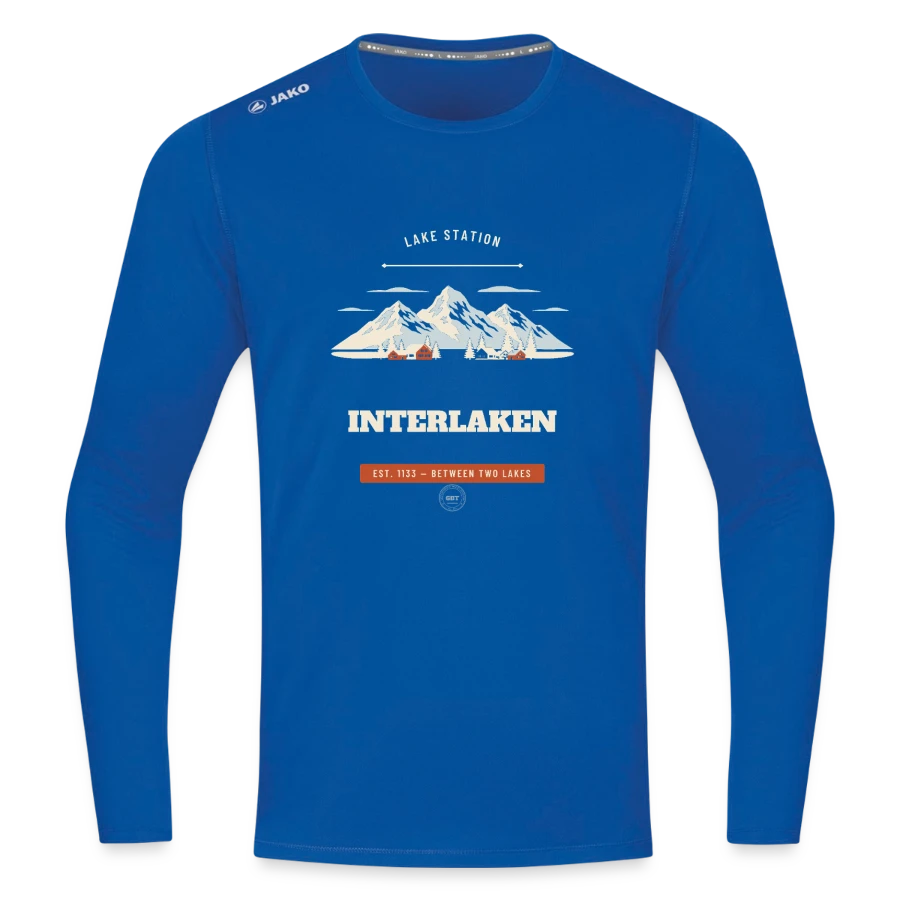 Interlaken badge on a jako long sleeve run 2.0, royal blue
