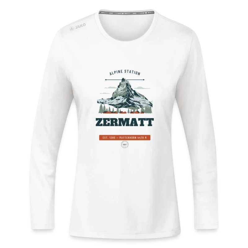 Zermatt badge on a jako women's long sleeve run 2.0 