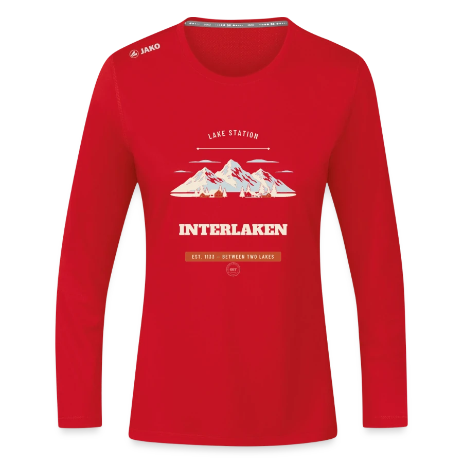 Interlaken badge on a jako women's long sleeve run 2.0 , red