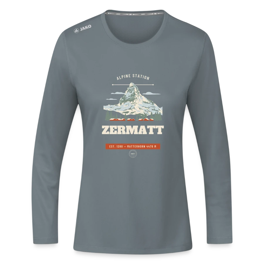 Zermatt badge on a jako women's long sleeve run 2.0 , grey