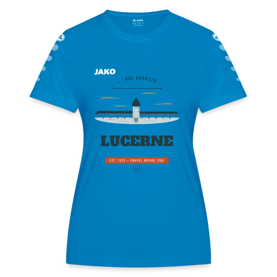 Lucerne badge on a jako women's jersey team, sapphire blue