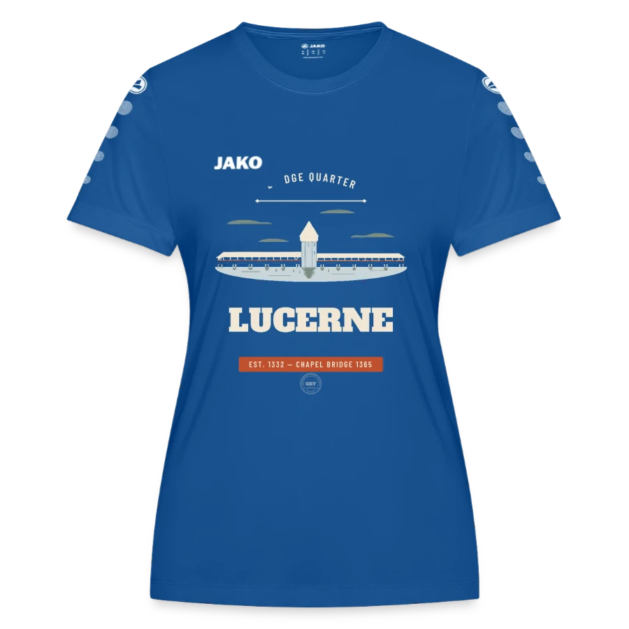 Lucerne badge on a jako women's jersey team, royal blue