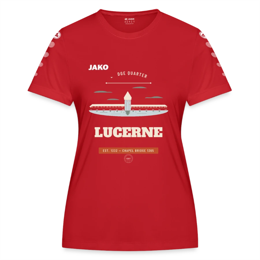 Lucerne badge on a jako women's jersey team, red