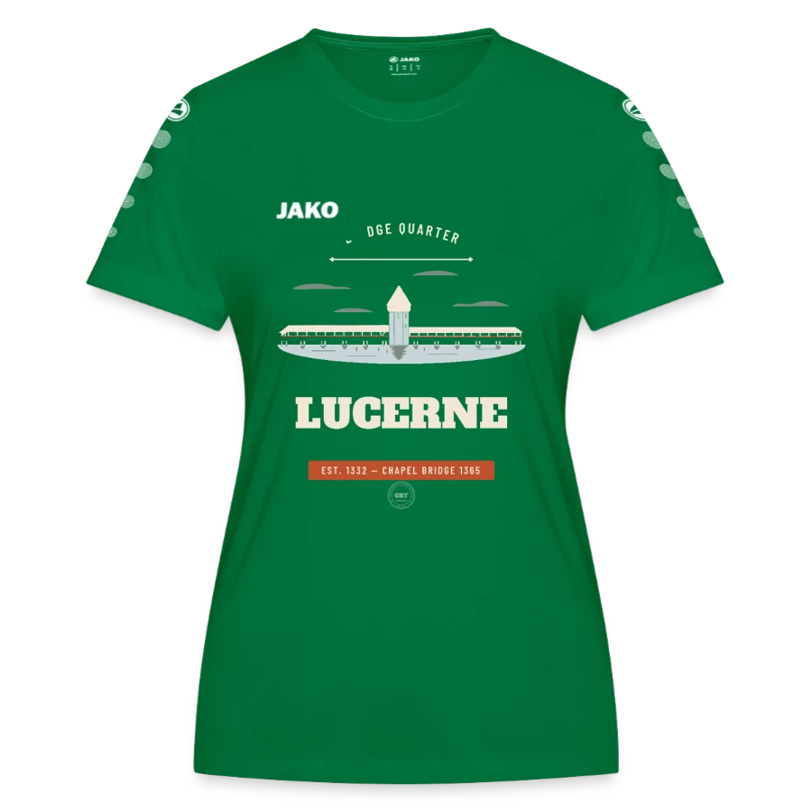 Lucerne badge on a jako women's jersey team, kelly green