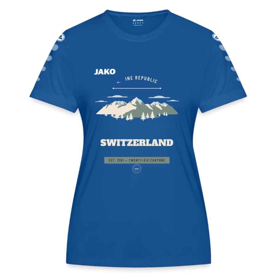 Switzerland badge on a jako women's jersey team, royal blue