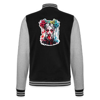 femme diabolique / sang / gothique / heavy metal - Veste Teddy - noir/gris chiné - Dos - Marisol (170cm)