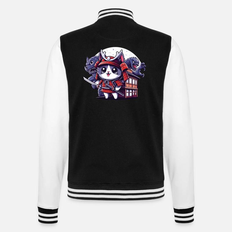 Samurai-Ninja-Katze hinter Monster und Dojo - College-Sweatjacke - Schwarz/Weiß