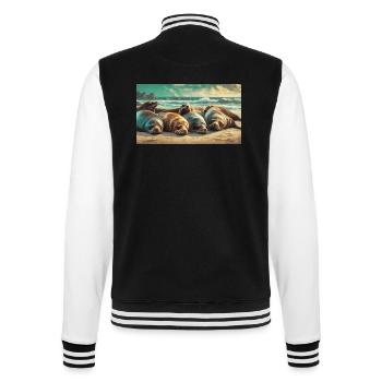 Cute animals chilling – sea lion sleeping beach - College Sweat Jacket - black/white - Back - Marisol (170cm)