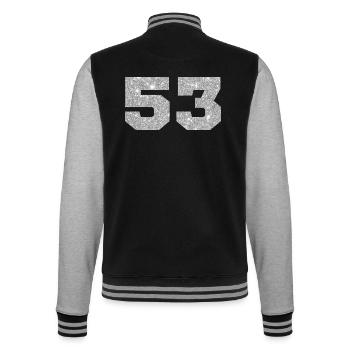 Nummer 53 Silberner Glitzer - 53. Jubiläum - College-Sweatjacke - Schwarz/Grau meliert - Hinten - Marisol (170cm)