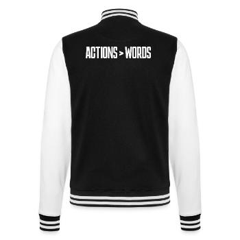 Taten sagen mehr als Worte - Motivationsgeschenk - College-Sweatjacke - Schwarz/Weiß - Hinten - Marisol (170cm)