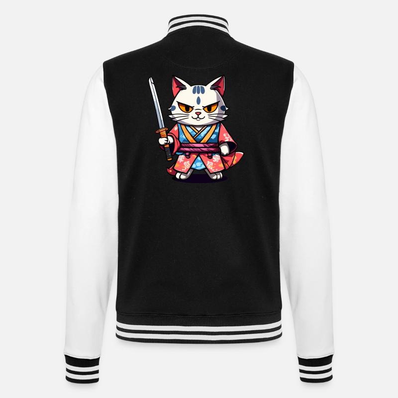 Samurai-Katze #34 - College-Sweatjacke - Schwarz/Weiß