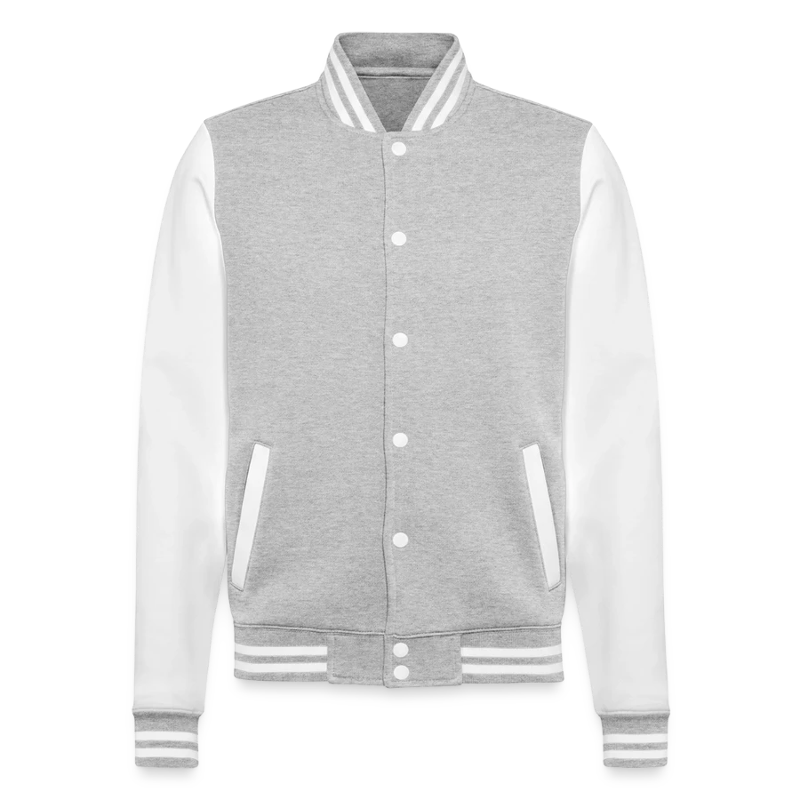 Lucerne badge on a college sweat jacket, heather grey/white