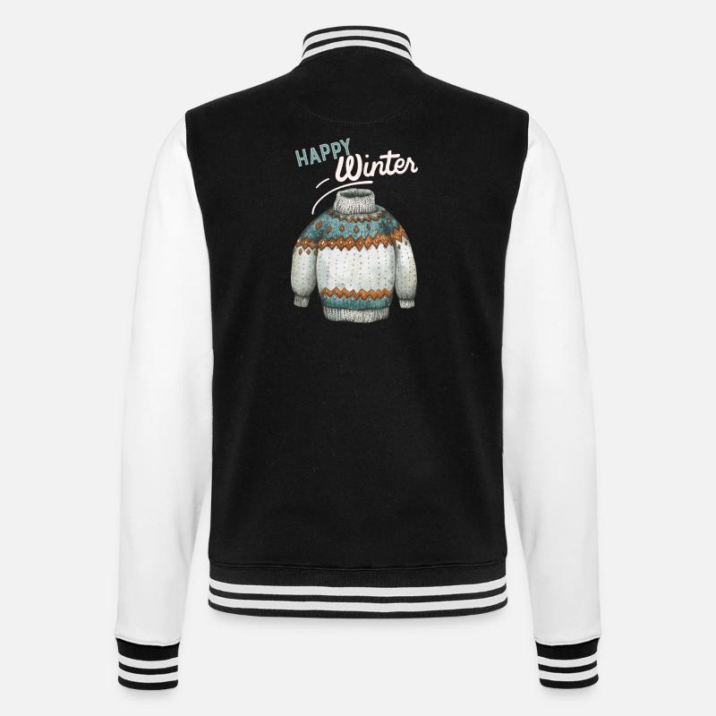 Winter-Design, Strick Pullover Happy-Winter Spruch - College-Sweatjacke - Schwarz/Weiß