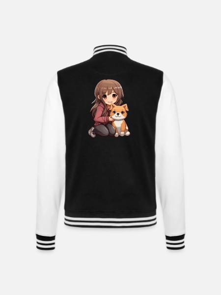 Kawaii Mädchen Anime Manga Mädchen und Hund - College-Sweatjacke - Schwarz/Weiß