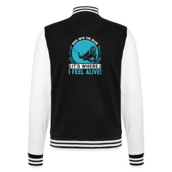 Tauchen Sie ein ins Blaue – dort fühle ich mich lebendig! - College-Sweatjacke - Schwarz/Weiß - Hinten - Marisol (170cm)