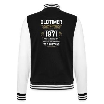 55. Geburtstag Oldtimer April Jahrgang 1971 - College-Sweatjacke - Schwarz/Weiß - Hinten - Marisol (170cm)