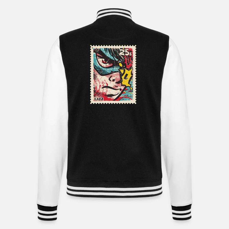 Comic-Held als Retro-Briefmarke - College-Sweatjacke - Schwarz/Weiß