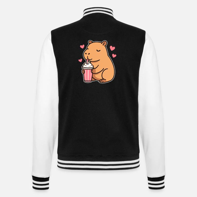 Capybara mit Milkshake – Süßes Tierdesign - College-Sweatjacke - Schwarz/Weiß
