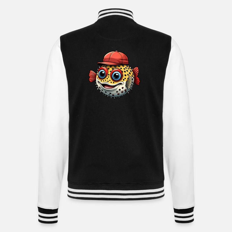 Lustiger Kugelfisch mit roter Basecap - College-Sweatjacke - Schwarz/Weiß