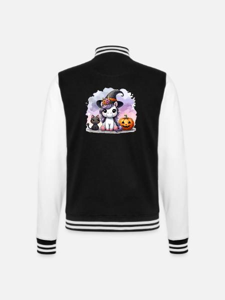 Halloween Einhorn Hexenhut Katze Niedlich Kürbis - College-Sweatjacke - Schwarz/Weiß