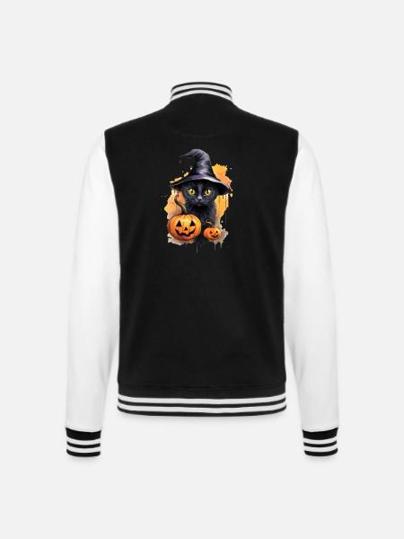 Hexenkatze Mit Hut Schwarze Katze Kürbis Halloween - College-Sweatjacke - Schwarz/Weiß