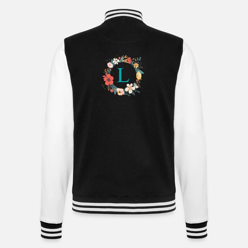 L Monogram, Flower Wreath, Personalizable - College Sweat Jacket - black/white
