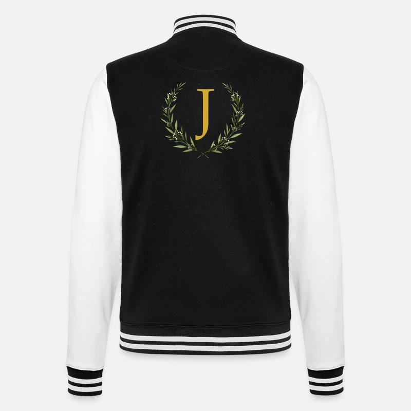 J Monogramm, Eukalyptus Kranz, personalisierbar - College-Sweatjacke - Schwarz/Weiß
