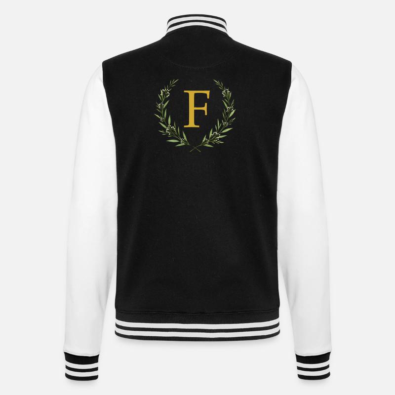 F Monogram, Eucalyptus Wreath, Personalizable - College Sweat Jacket - black/white