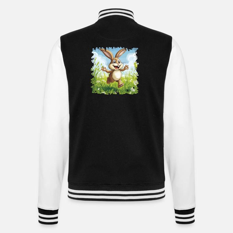 Fröhlicher Hase in Frühlingswiese - College-Sweatjacke - Schwarz/Weiß