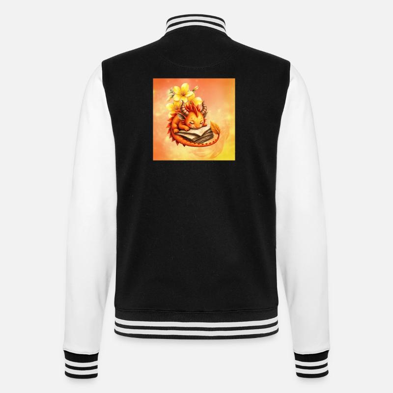 Verschlafener Drache auf geblümtem Buch - College-Sweatjacke - Schwarz/Weiß