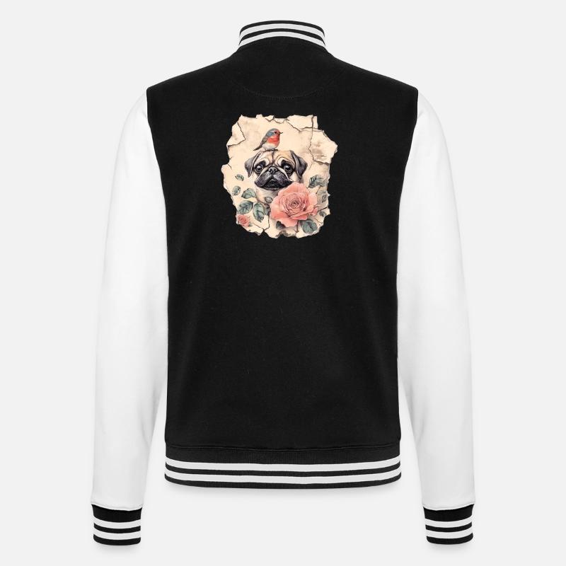 Mops mit Rotkehlchen - College-Sweatjacke - Schwarz/Weiß