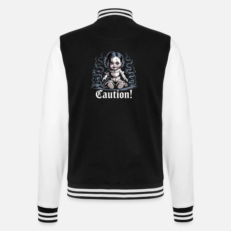 Creepy Doll with Caution Text - College Sweat Jacket - black/white