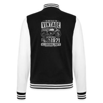 1971 Vintage Birthday Cafe Racer Motorcycle - College Sweat Jacket - black/white - Back - Marisol (170cm)