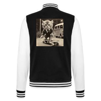 Chat / Animal / Photo / Sépia / Rétro / Skateboard - Veste Teddy - noir/blanc - Dos - Marisol (170cm)