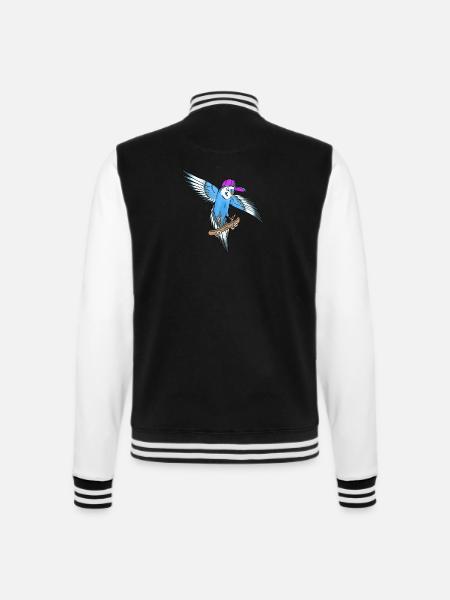 Skateboard Wellensittich (blau, cap lila/türkis) - College-Sweatjacke - Schwarz/Weiß