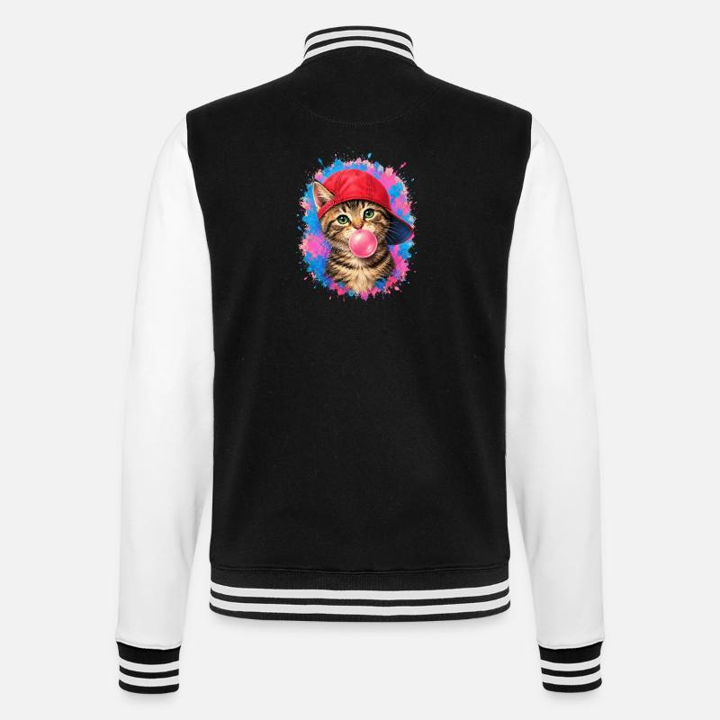 Coole Katze mit Cap und Kaugummi - College-Sweatjacke - Schwarz/Weiß
