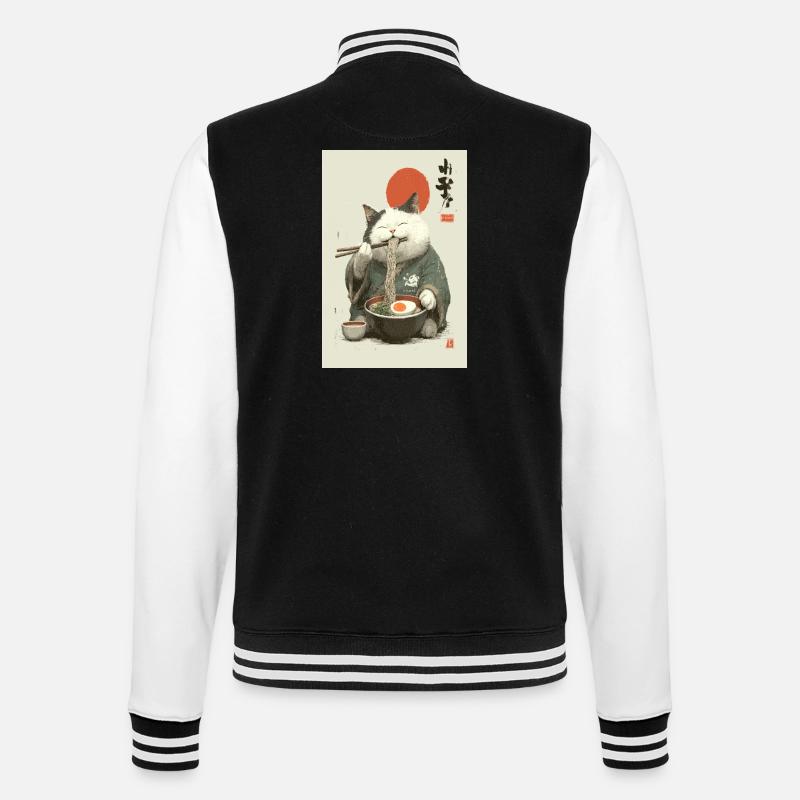 Samurai-Katze schlürft Ramen - College-Sweatjacke - Schwarz/Weiß