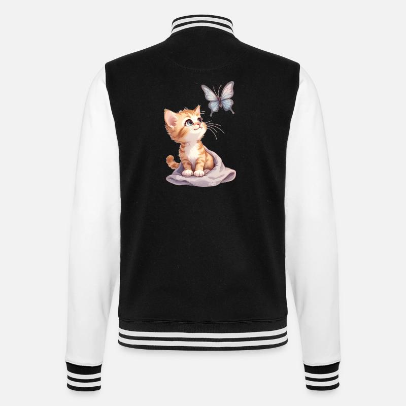 Kawaii Curious Chatten et Papillon 🐱🦋 - Veste Teddy - noir/blanc