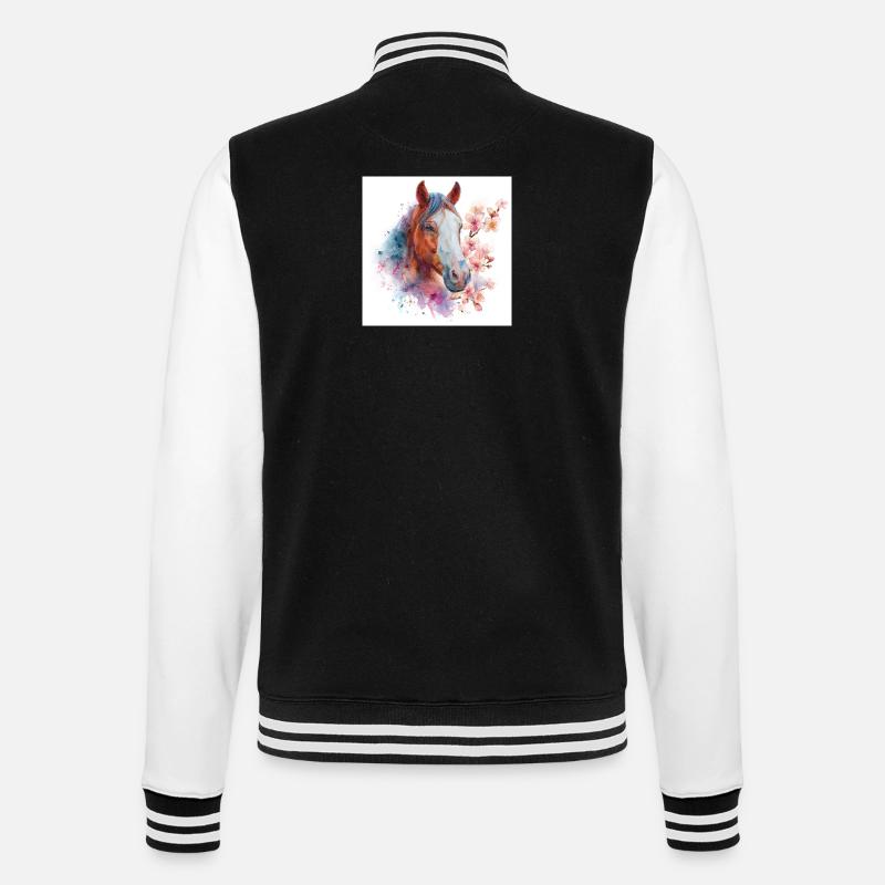 Aquarellpferd mit Blüten - College-Sweatjacke - Schwarz/Weiß
