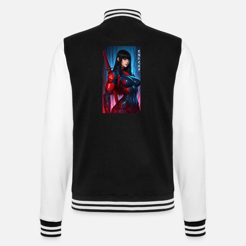 3D Sci-Fi Cyberpunk-Samurai-Kriegerin mit Katana - College-Sweatjacke - Schwarz/Weiß
