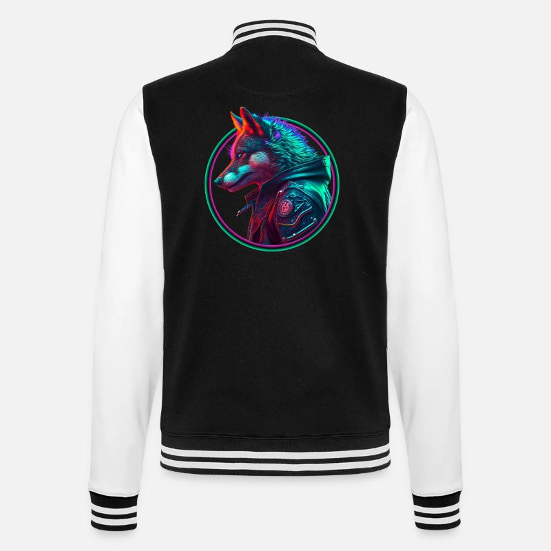Neon Punk Wolf in Lederjacke - College-Sweatjacke - Schwarz/Weiß