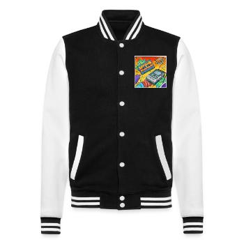 90s vibes: Walkman cult in comic look - College Sweat Jacket - black/white - Front - Nik (191cm) & Marisol (170cm)