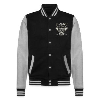 Klassisches Vintage-Geburtstagsgeschenk aus dem Jahr 1987 - College-Sweatjacke - Schwarz/Grau meliert - Vorne - Nik (191cm) & Marisol (170cm)