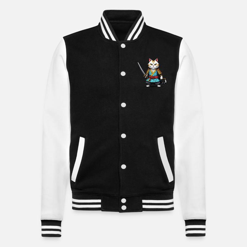 Samurai-Katze - College-Sweatjacke - Schwarz/Weiß