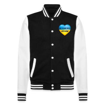 We stand with Ukraine Herz - Flagge der Ukraine - College-Sweatjacke - Schwarz/Weiß - Vorne - Nik (191cm) & Marisol (170cm)