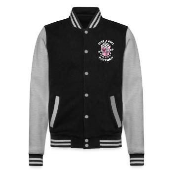 Just a girl who loves Popcorn - knusprig & lecker - College-Sweatjacke - Schwarz/Grau meliert - Vorne - Nik (191cm) & Marisol (170cm)